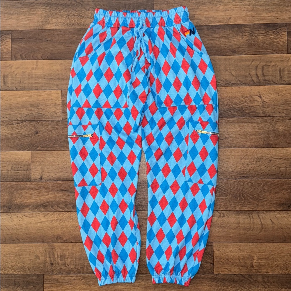 Aviator Nation Size Large Diamond Repeat Smiley 2 Embroidery Cargo Sweatpants